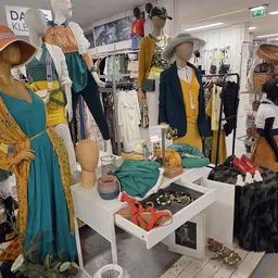 Etalage met mannequins gekleed in tweedehands kleding in geel, groen en blauw; accessoires en tassen op display