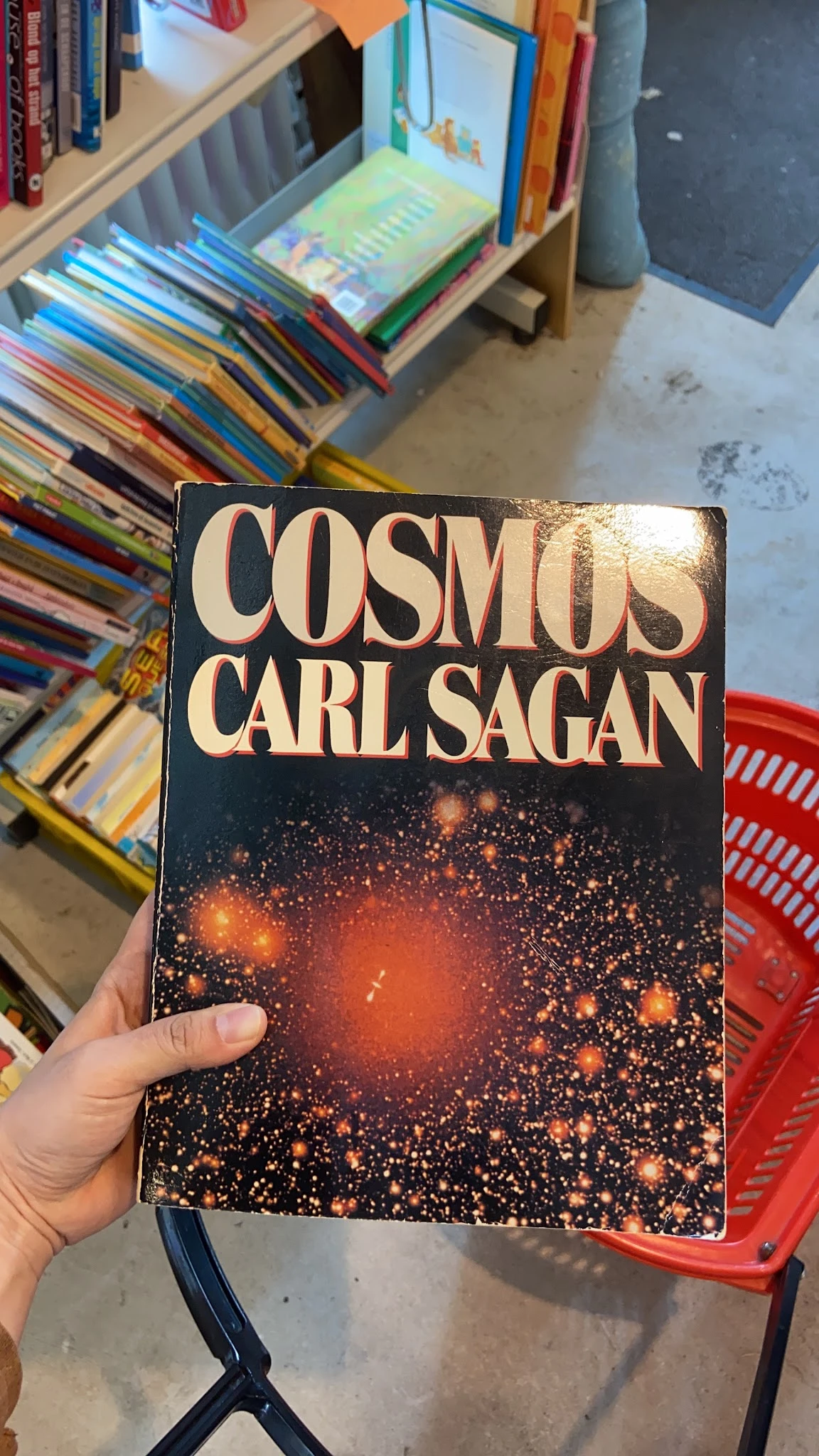 Boek 'Cosmos' van Carl Sagan met sterrenhemel op de omslag, gehouden in een hand
