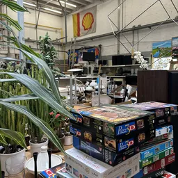 Werkruimte met pizzadozen, planten en computers op tafels in een kringloopwinkel