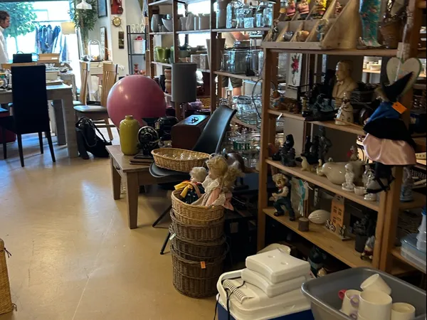 Winkelvloer met stellingen vol huishoudelijke artikelen, kledingrekken en decorstukken