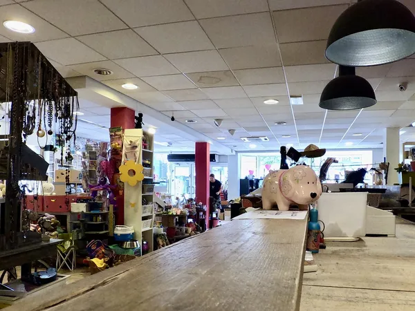 Winkelinterieur met stellingen, decoratie en spullen, zwarte hanglampen en beige plafond