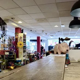 Winkelinterieur met stellingen, decoratie en spullen, zwarte hanglampen en beige plafond