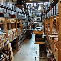 Winkelinterieur met houten stellingen vol cd's, vinyl en media aan beide zijden van een gang, met overhead-verlichting