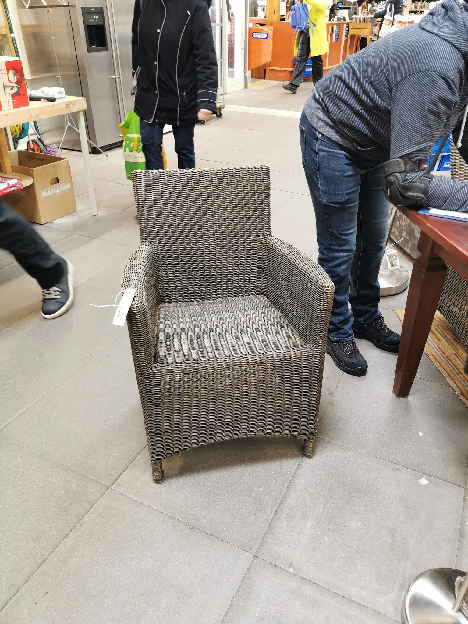 Grijze rotan fauteuil met kussen op de winkelvloer