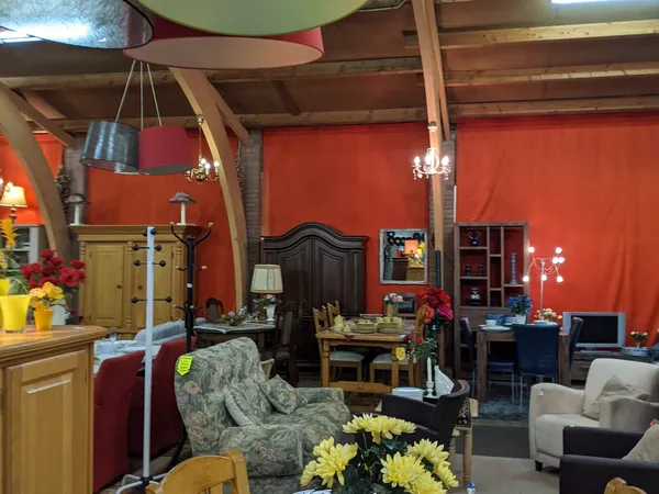 Winkelvloer met meubels, bloemen, lampen en diverse tweedehands artikelen onder rode wanden
