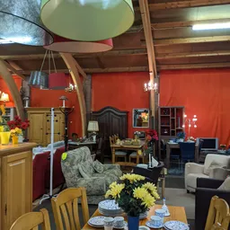 Winkelvloer met meubels, bloemen, lampen en diverse tweedehands artikelen onder rode wanden