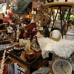 Diverse tweedehands spullen en decoratieartikelen uitgestald in een kringloopwinkel, waaronder houten meubels, borden, plante
