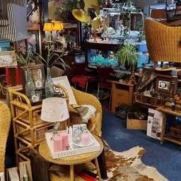 Inrichting van kringloopwinkel met rattanmeubels, lampen, planten en diverse decoratie