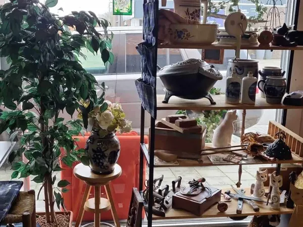 Winkelinterieur met planken vol huishoudartikelen, decoraties en verschillende spullen; links een plant op rode kruk