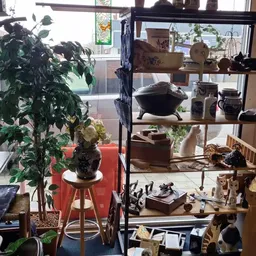 Winkelinterieur met planken vol huishoudartikelen, decoraties en verschillende spullen; links een plant op rode kruk