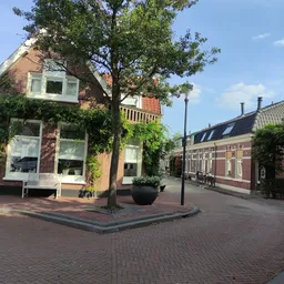 Voorgevel van bakstenen winkelpand aan Raadhuisstraat in Alphen aan den Rijn, met grote ramen en groene klimop