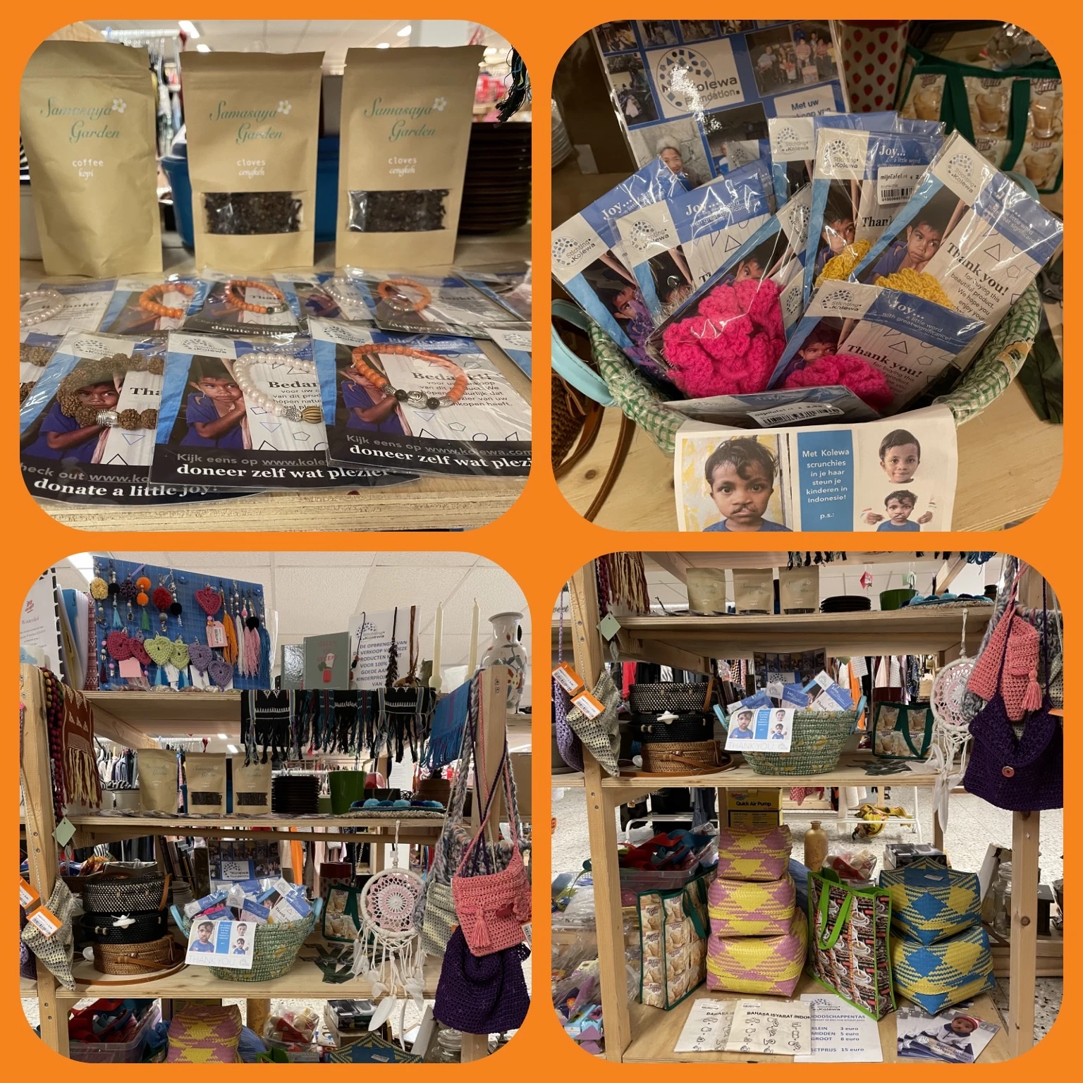 Diverse tweedehands artikelen uitgestald op stellingen en tafels, waaronder kleding, boeken en huishoudwaren
