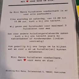 Tekstblok met informatie over huisdierenvoedsel en openingstijden