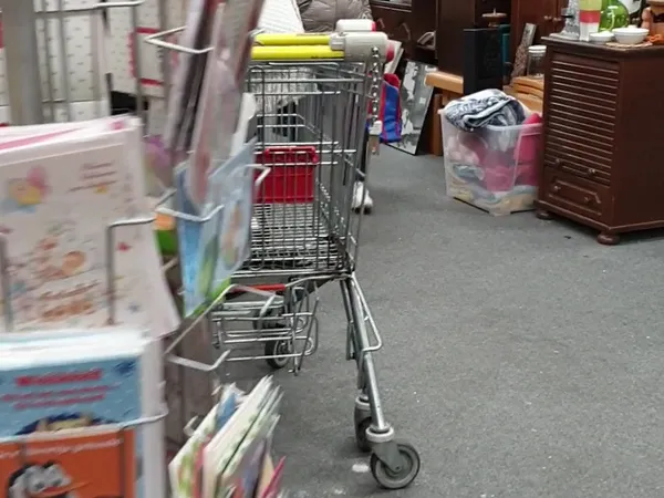 Winkelwagen en diverse artikelen op de vloer van een kringloopwinkel