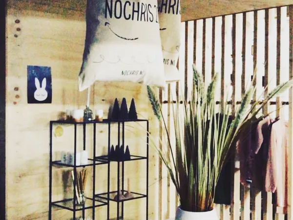 Winkelinterieur met witte wand, houten scheidingswand, stellage met decoratie, potplanten en kleding aan rekken