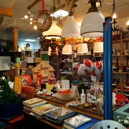 Winkelbinnenkant met stellingen vol lampen, servies, boeken en diverse huishoudelijke spullen