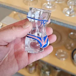 Glazen flesje met blauwe en rode lint in een hand