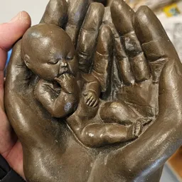 Bronzen beeldje van een baby in handen, close-up foto