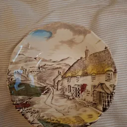 Decoratief bord met afbeelding van een cottage en landelijk tafereel