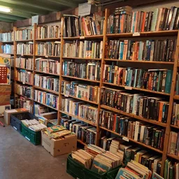 Houten stellingen vol met dvd's, blu-rays en cd's in een kringloopwinkel, met dozen met media op de grond