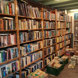 Houten stellingen vol met dvd's, blu-rays en cd's in een tweedehandswinkel