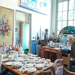 Tafel vol met borden en servies in verschillende stijlen en kleuren