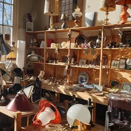 Winkelvloer met houten stellingen vol met diverse tweedehands spullen, lampen en decoratieartikelen in zonlicht