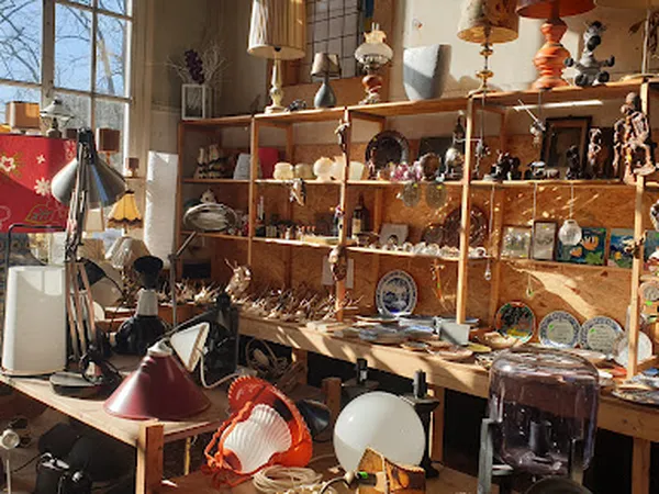 Winkelbinnenkant met houten stellingkast vol decoratieve artikelen, lampen en vintage spullen; zonlicht valt door raam naar b