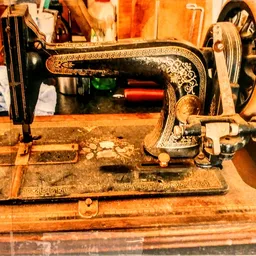 Antieke naaimachine met zwart en gouden ornamentering op houten tafel
