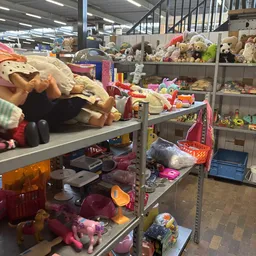 Metalen stellingen volgestapeld met speelgoed, knuffels en diverse huishoudelijke artikelen in een kringloopwinkel