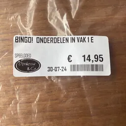 Prijssticker van Opnieuw & Co voor een bingo-spel, €14,95, datum 30-07-24