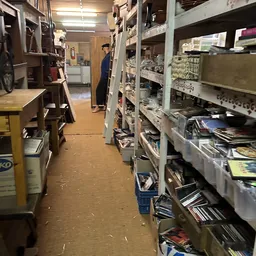 Gangpad in kringloopwinkel met stellingen vol spullen aan weerszijden en een persoon in de achtergrond
