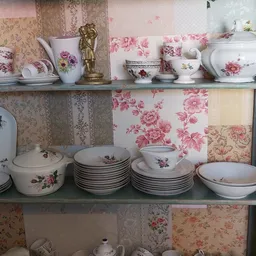 Stellingen met vintage porselein servies, kopjes en borden met bloemmotieven
