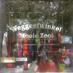 Etalage van kringloopwinkel met gekleurde kleding en speelgoed, winkelnaam zichtbaar op raam