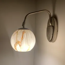 Wandlamp met melkwit glazen bol en goudkleurige sieraad, aan messing beugel gemonteerd