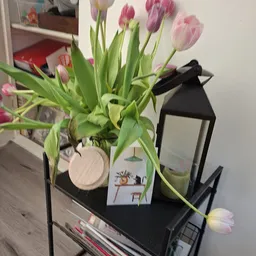 Vaas met roze tulpen, houten ornament en zwarte decoratieve lantaarn op donkere plank