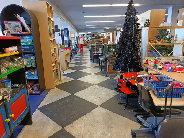 Winkelinterieur met speelgoed, stellingen, decoratieve kerstboom en diverse artikelen uitgestald