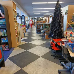Winkelinterieur met speelgoed, stellingen, decoratieve kerstboom en diverse artikelen uitgestald