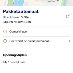 Schermafbeelding van pakketautomaat informatie met adres en openingstijden