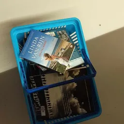 Blauwe kunststof krat met boeken en dvd's, waaronder een boek getiteld 'Linda van Rijn'