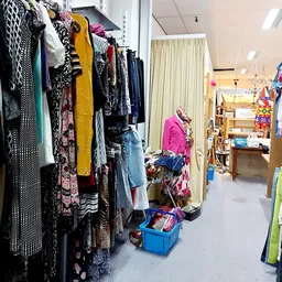Kringloopwinkel met rekken vol tweedehands kleding, stellingen met spullen op de achtergrond en een winkelpad.