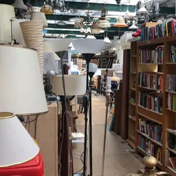 Winkelinterieur met boekenkast, lampen, fietsen en diverse spullen in een kringloopwinkel