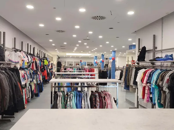 Overzicht van de winkelvloer met rekken vol tweedehands kleding voor mannen, vrouwen en kinderen, verlicht plafond met LED-sp