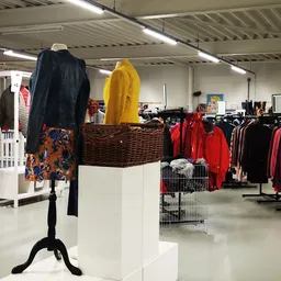 Rekken met tweedehands kleding in verschillende kleuren, waaronder rode jassen en zwarte kledingstukken op standaards en kaps