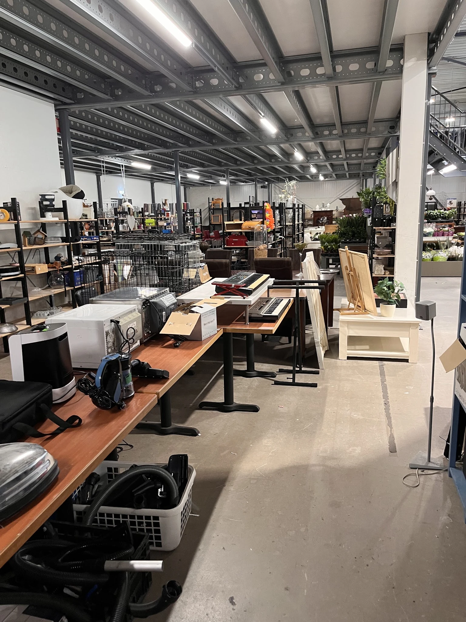 Winkelvloer met houten tafels, stellingen met diverse spullen, planten en huisraad in een kringloopwinkel