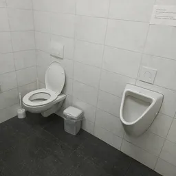 Openbaar toilet met wandtoilet en urinoir in tegelmwerk