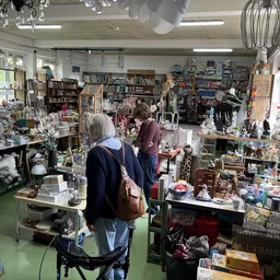 Winkelvloer van een kringloopwinkel vol met diverse tweedehandsartikelen, boeken, huishoudspullen en decoratie op stellingen 