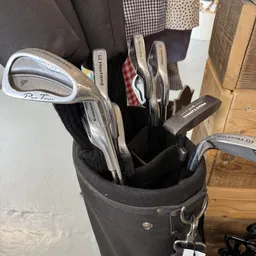 Golfclubs in een zwarte golftas, waaronder putters en ijzers van verschillende merken