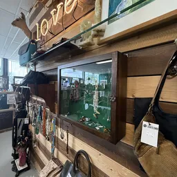 Vitrinekast met sieraden en accessoires, naast rekken met kettingen en tassen in de winkel