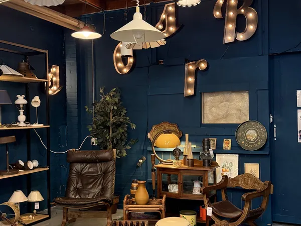 Winkelinterieur met donkerblauwe wanden, vintage meubels, decoratieve lampen en opgezette spullen